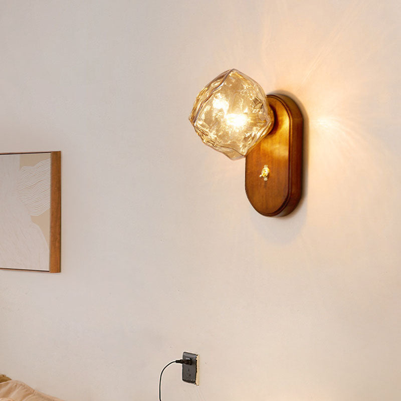 Japanese Ice Cube Oval Wood Glass 1-Light Wall Sconce Lamp