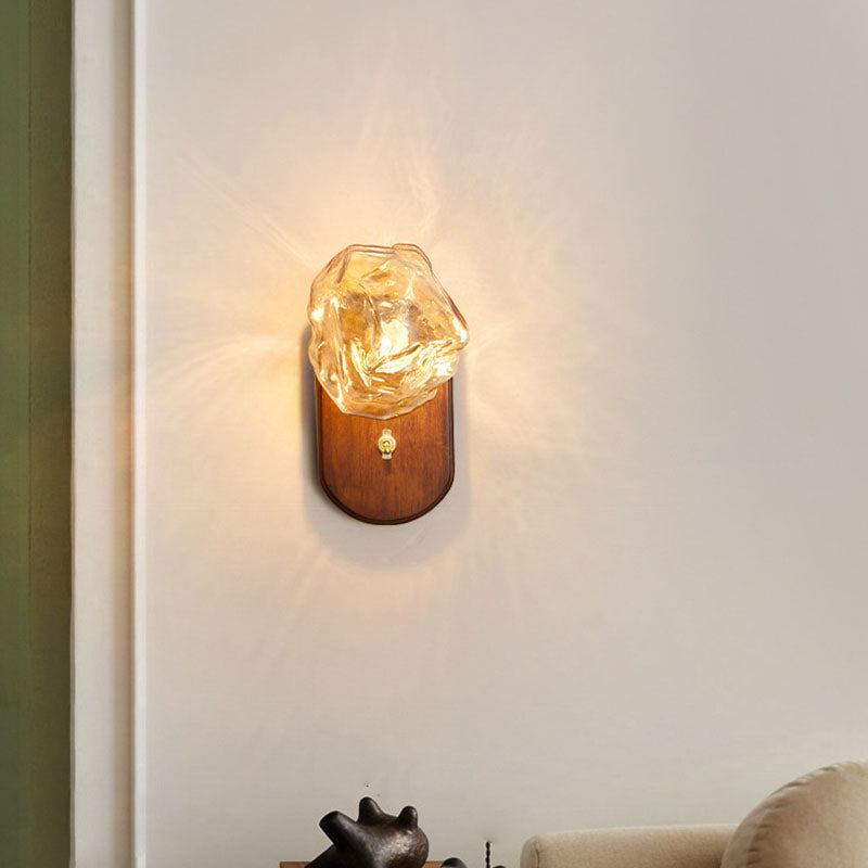 Japanese Ice Cube Oval Wood Glass 1-Light Wall Sconce Lamp