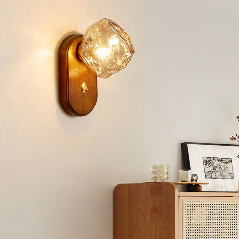 Japanese Ice Cube Oval Wood Glass 1-Light Wall Sconce Lamp