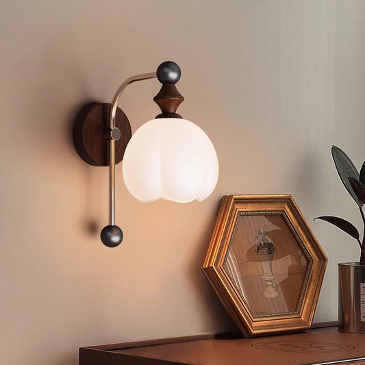 Floral Round Cone Wood Iron Glass LED Wall Sconce Lamp