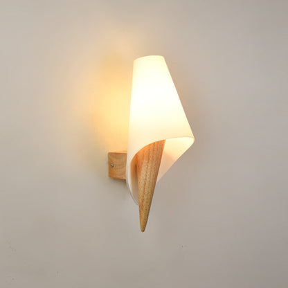 Ice Shape Round Cone Wood Glass 1-Light Wall Sconce Lamp