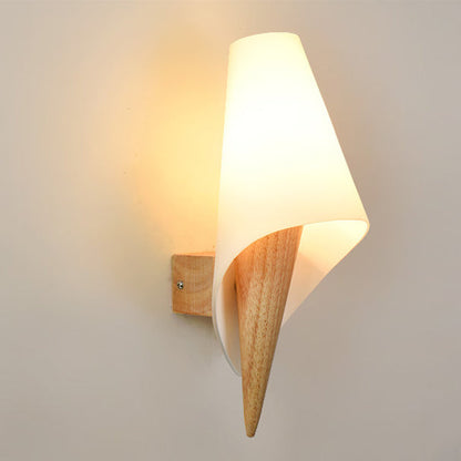 Ice Shape Round Cone Wood Glass 1-Light Wall Sconce Lamp