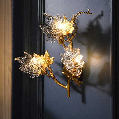 Maple Leaf Twig Aluminum Glass 3-Light Wall Sconce Lamp