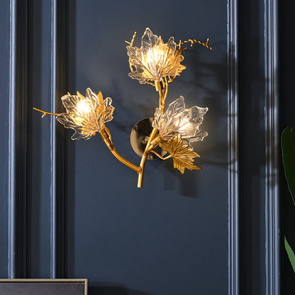 Maple Leaf Twig Aluminum Glass 3-Light Wall Sconce Lamp