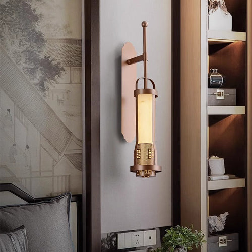 Chinese Cylinder Metal Natural Marble LED Wall Sconce Lamp