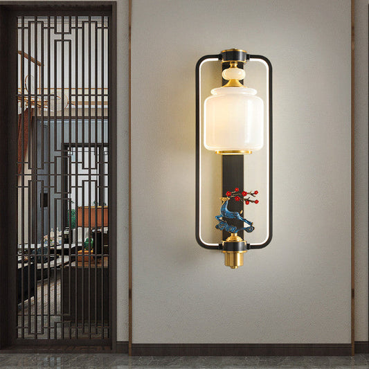 Chinese Elk Cylinder Copper Jade Glass LED Wall Sconce Lamp
