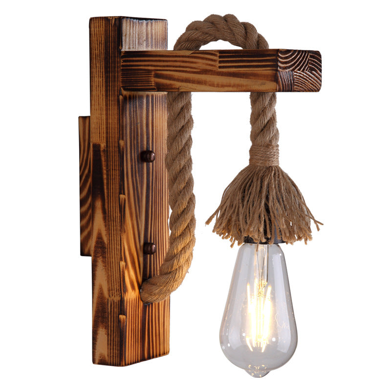 Rectangle Solid Wood Hemp Rope 1-Light Wall Sconce Lamp
