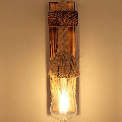 Rectangle Solid Wood Hemp Rope 1-Light Wall Sconce Lamp