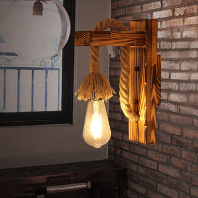 Rectangle Solid Wood Hemp Rope 1-Light Wall Sconce Lamp