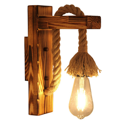 Rectangle Solid Wood Hemp Rope 1-Light Wall Sconce Lamp