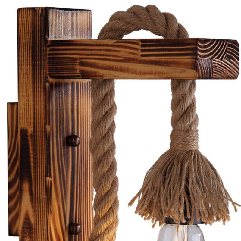 Rectangle Solid Wood Hemp Rope 1-Light Wall Sconce Lamp