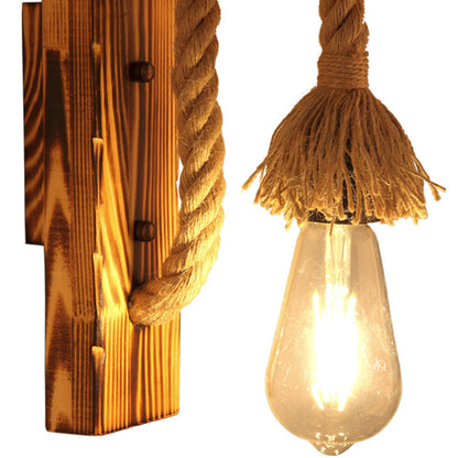 Rectangle Solid Wood Hemp Rope 1-Light Wall Sconce Lamp