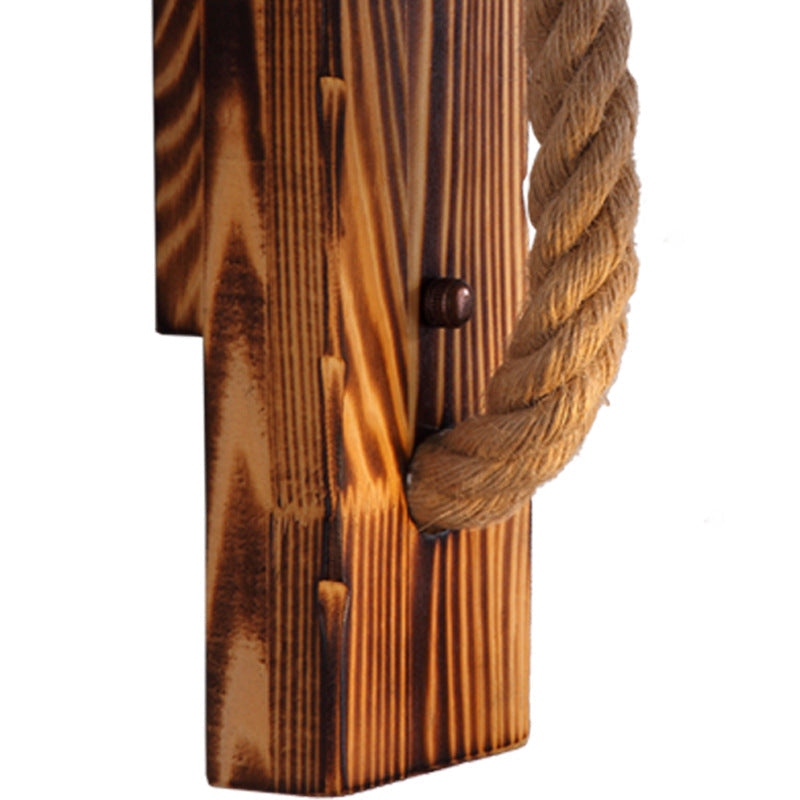 Rectangle Solid Wood Hemp Rope 1-Light Wall Sconce Lamp