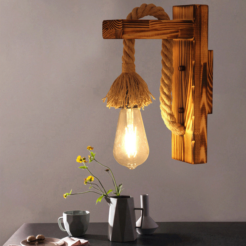 Rectangle Solid Wood Hemp Rope 1-Light Wall Sconce Lamp