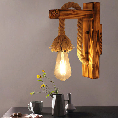 Rectangle Solid Wood Hemp Rope 1-Light Wall Sconce Lamp