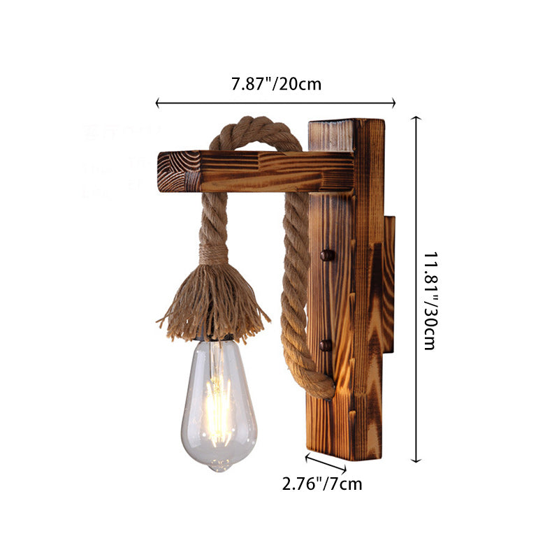 Rectangle Solid Wood Hemp Rope 1-Light Wall Sconce Lamp