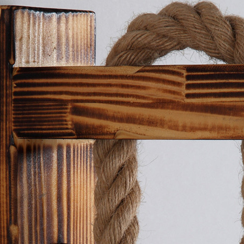 Rectangle Solid Wood Hemp Rope 1-Light Wall Sconce Lamp