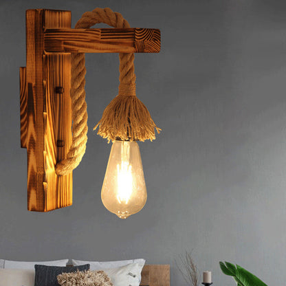 Rectangle Solid Wood Hemp Rope 1-Light Wall Sconce Lamp