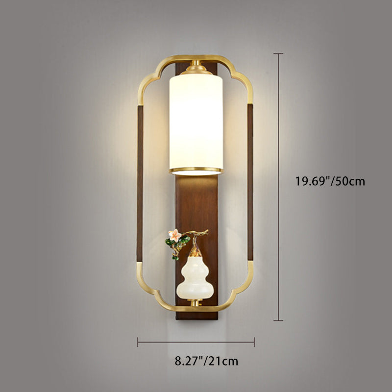 Chinese Walnut Copper Glass 1-Light Wall Sconce Lamp