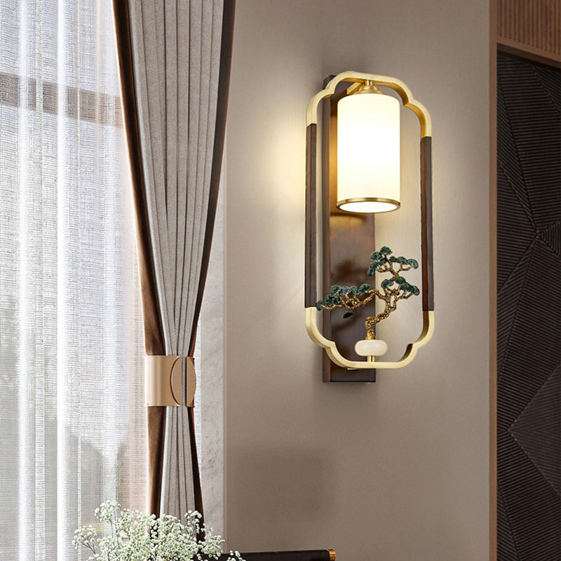Chinese Walnut Copper Glass 1-Light Wall Sconce Lamp