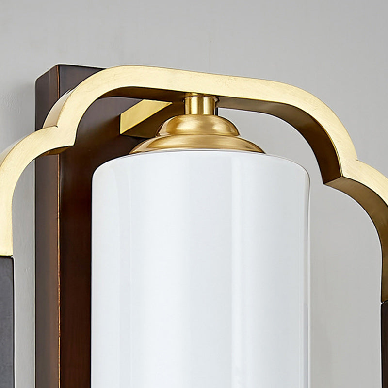 Chinese Walnut Copper Glass 1-Light Wall Sconce Lamp