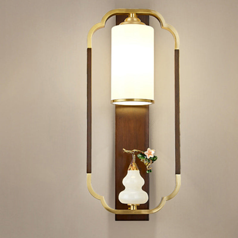 Chinese Walnut Copper Glass 1-Light Wall Sconce Lamp