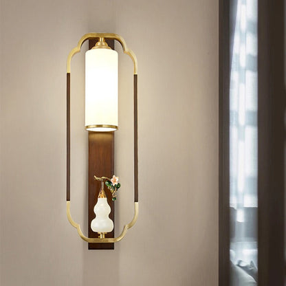 Chinese Walnut Copper Glass 1-Light Wall Sconce Lamp