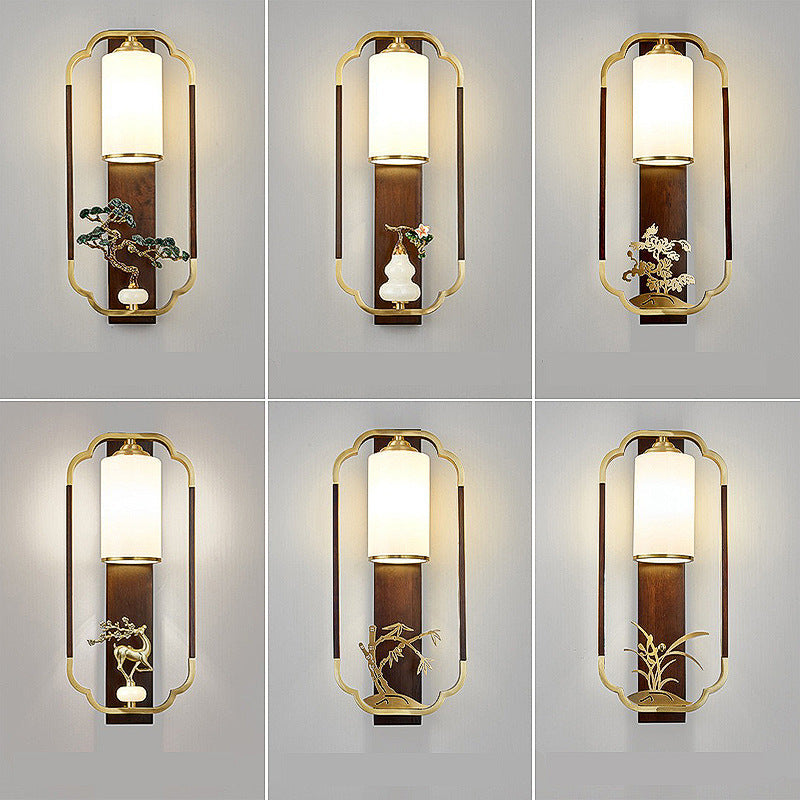 Chinese Walnut Copper Glass 1-Light Wall Sconce Lamp