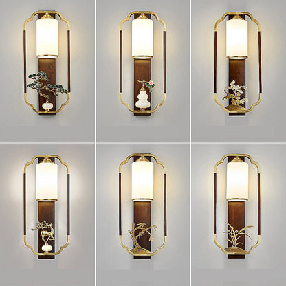 Chinese Walnut Copper Glass 1-Light Wall Sconce Lamp