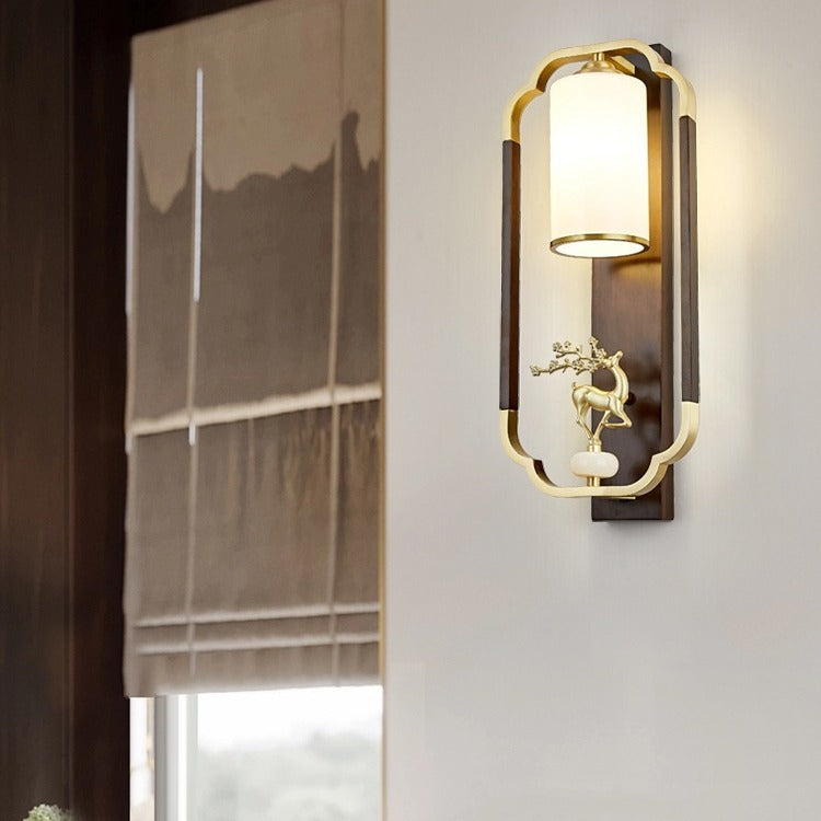 Chinese Walnut Copper Glass 1-Light Wall Sconce Lamp
