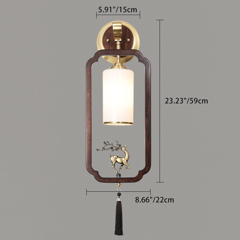 Chinese Walnut Copper Glass 1-Light Wall Sconce Lamp