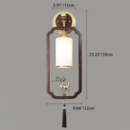 Chinese Walnut Copper Glass 1-Light Wall Sconce Lamp