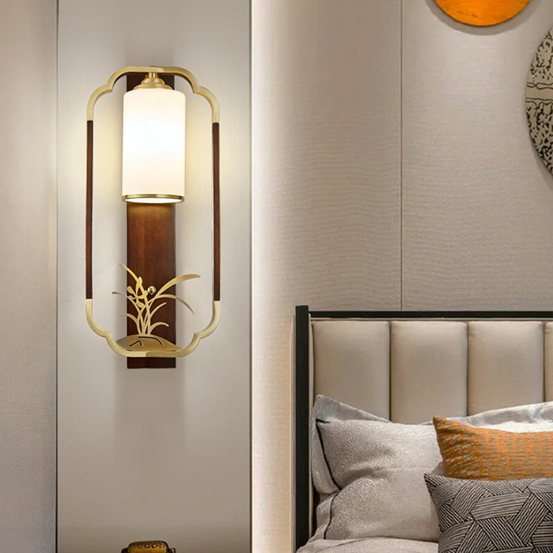 Chinese Walnut Copper Glass 1-Light Wall Sconce Lamp