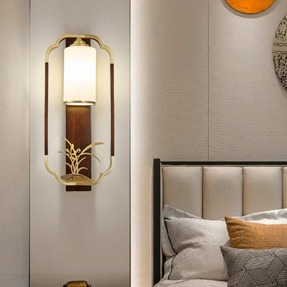 Chinese Walnut Copper Glass 1-Light Wall Sconce Lamp