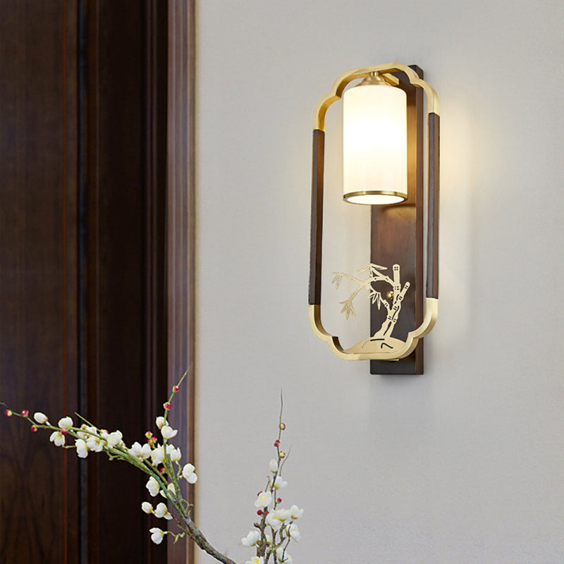 Chinese Walnut Copper Glass 1-Light Wall Sconce Lamp