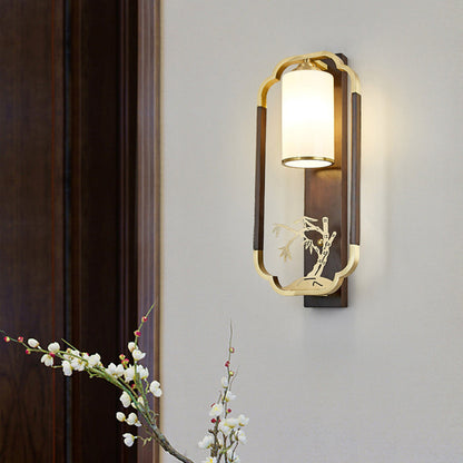 Chinese Walnut Copper Glass 1-Light Wall Sconce Lamp