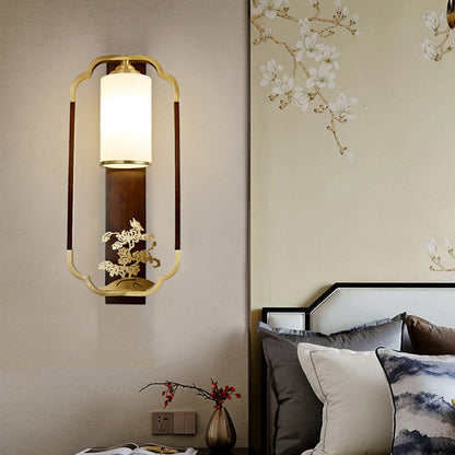 Chinese Walnut Copper Glass 1-Light Wall Sconce Lamp