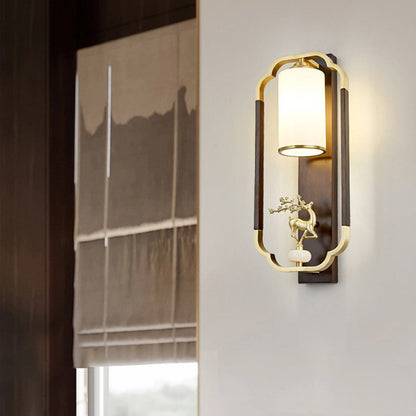 Chinese Walnut Copper Glass 1-Light Wall Sconce Lamp