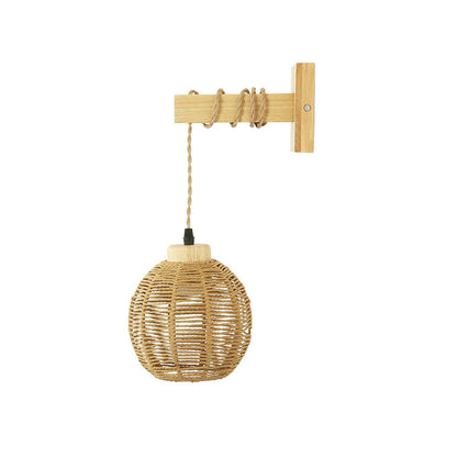 Japanese Sphere Solid Wood Rattan 1-Light Wall Sconce Lamp