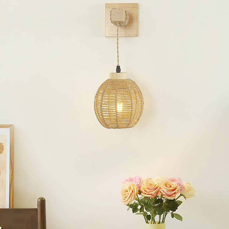 Japanese Sphere Solid Wood Rattan 1-Light Wall Sconce Lamp