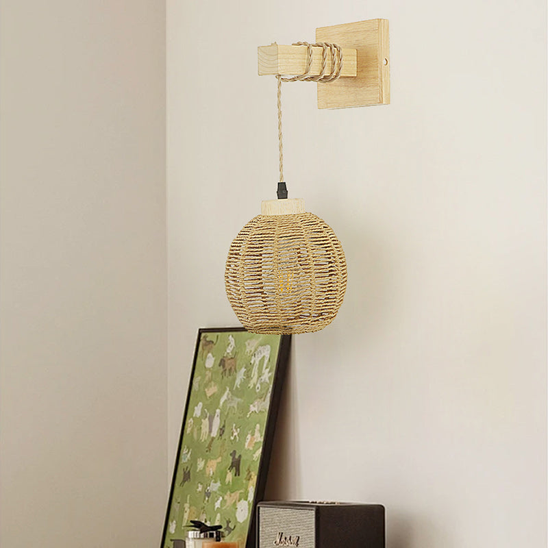 Japanese Sphere Solid Wood Rattan 1-Light Wall Sconce Lamp