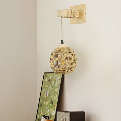 Japanese Sphere Solid Wood Rattan 1-Light Wall Sconce Lamp