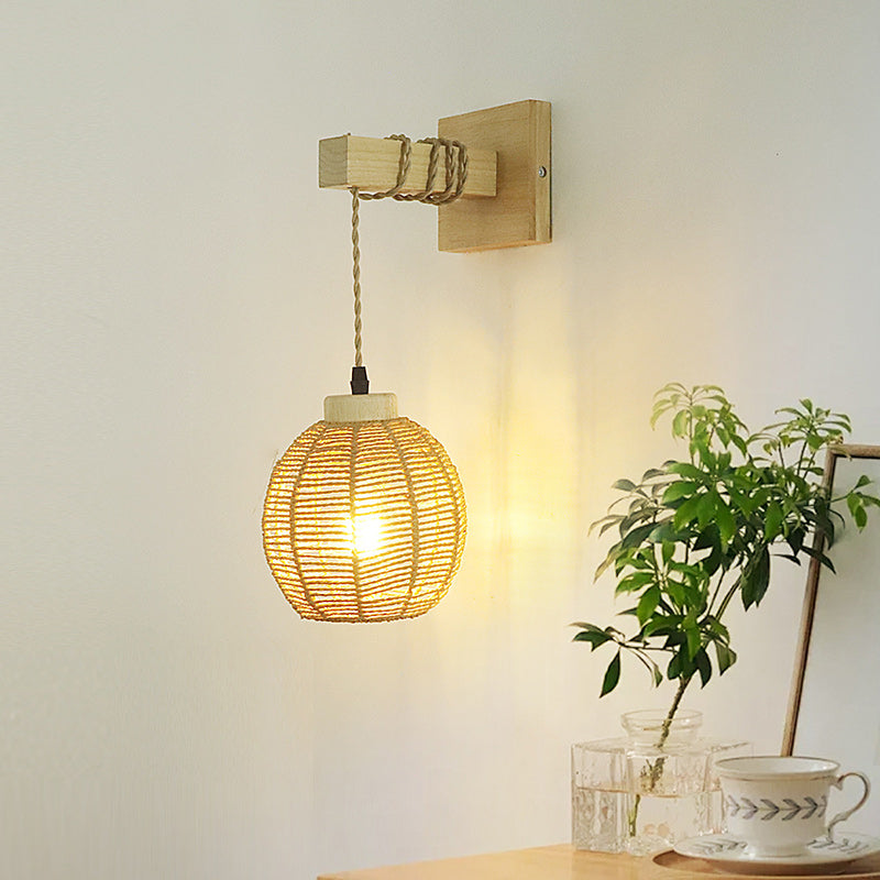 Japanese Sphere Solid Wood Rattan 1-Light Wall Sconce Lamp