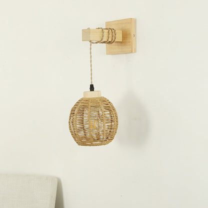 Japanese Sphere Solid Wood Rattan 1-Light Wall Sconce Lamp