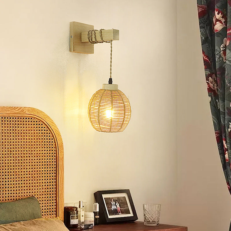 Japanese Sphere Solid Wood Rattan 1-Light Wall Sconce Lamp