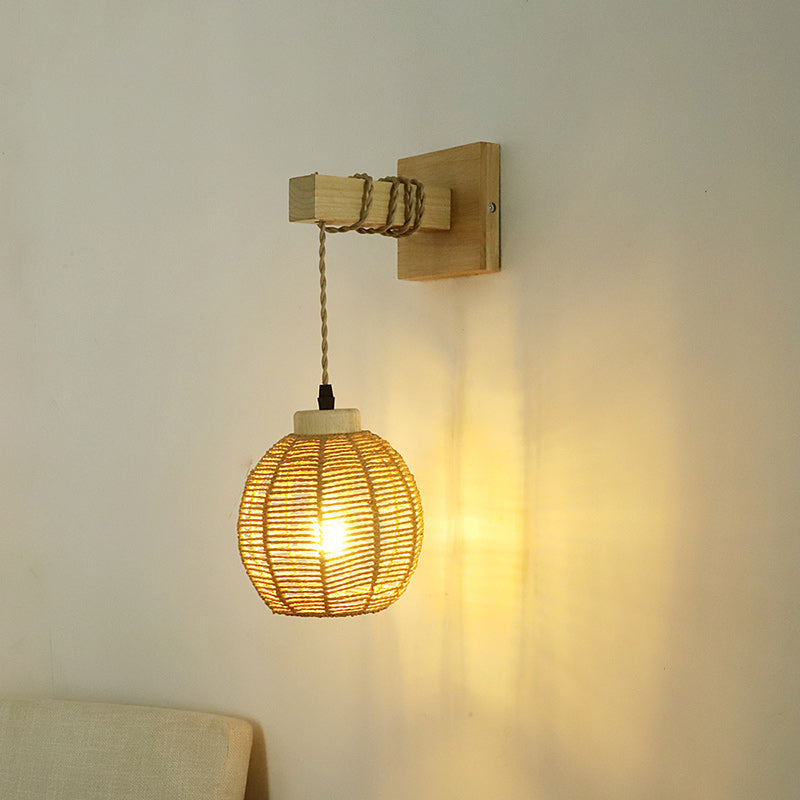 Japanese Sphere Solid Wood Rattan 1-Light Wall Sconce Lamp