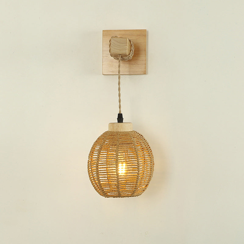 Japanese Sphere Solid Wood Rattan 1-Light Wall Sconce Lamp