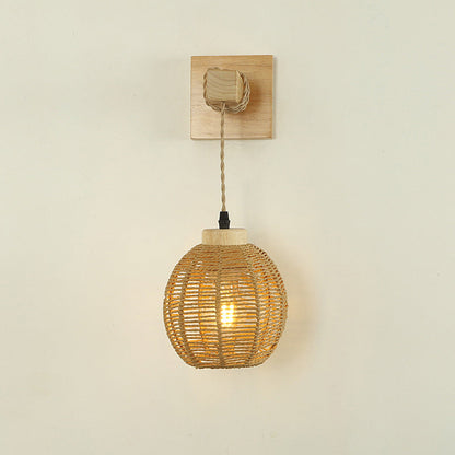 Japanese Sphere Solid Wood Rattan 1-Light Wall Sconce Lamp