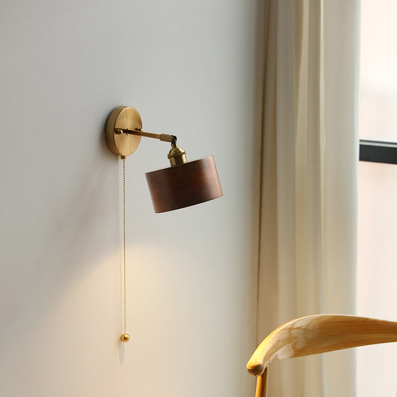 Japanese Cylinder Copper Walnut 1-Light Wall Sconce Lamp