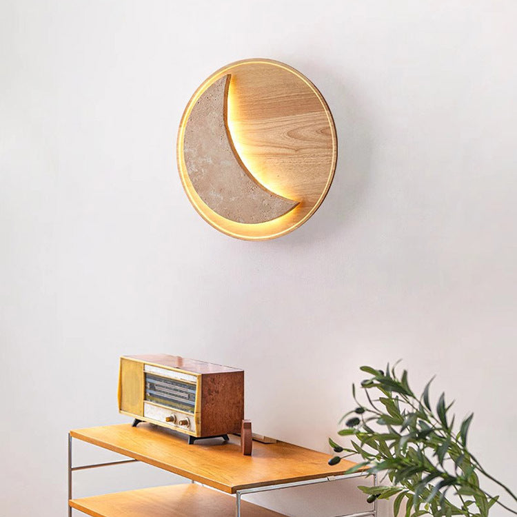 Moon Yellow Travertine Solid Wood LED Wall Sconce Lamp